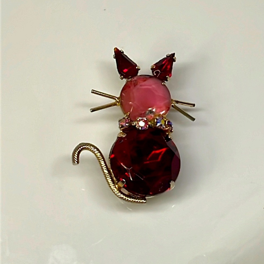 PINK & RED KITTY BROOCH VTG - Picture 1 of 8